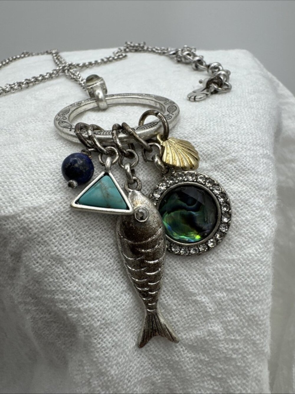 Lucky Brand Silver Tone Charm Necklace Fish Shell Abalone Boho  Look Pendant